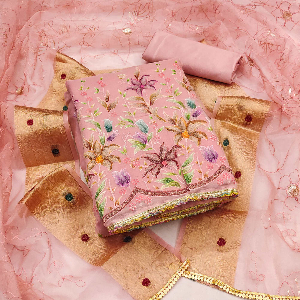 Peach Floral Hand Embroidered Organza Dress Material