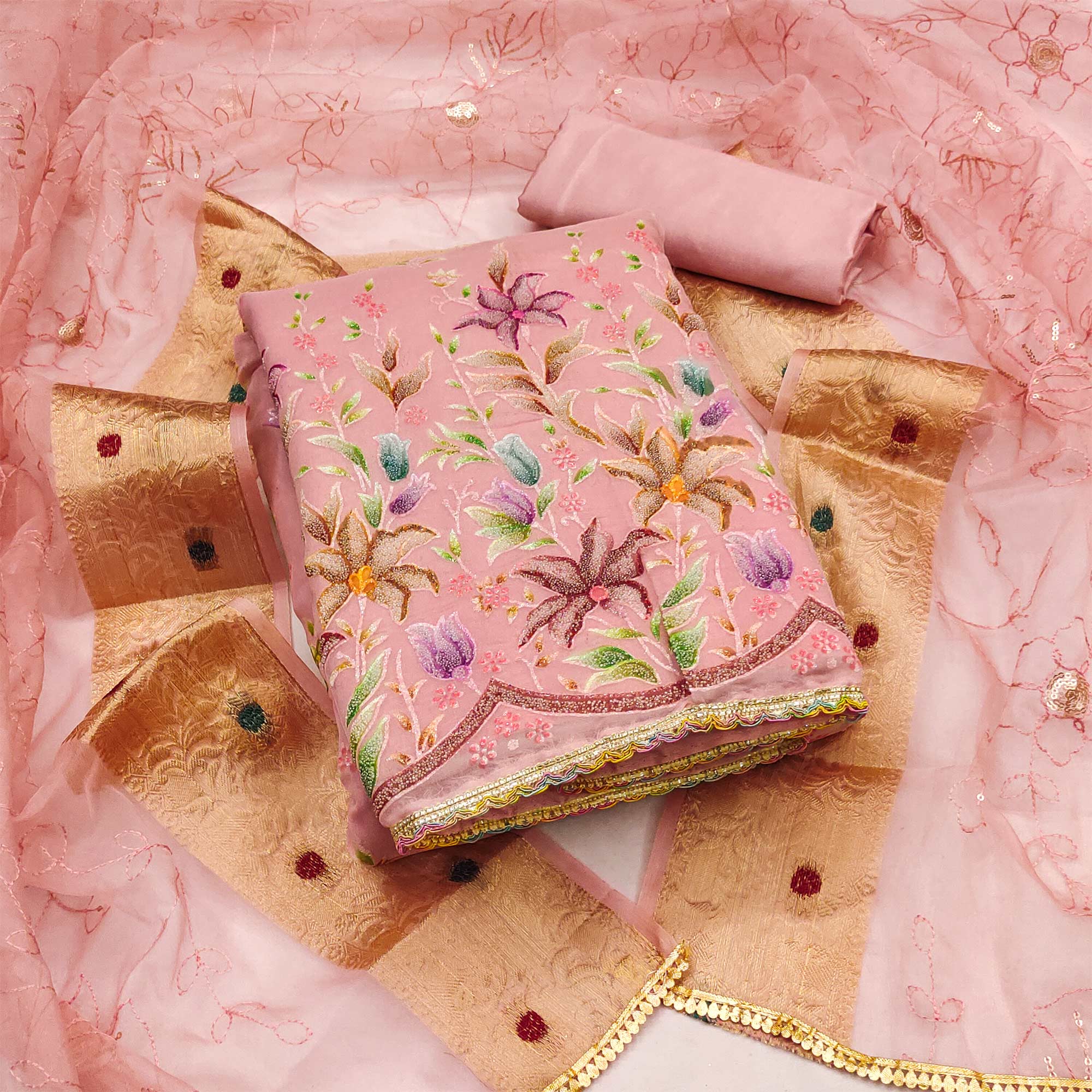 Peach Floral Hand Embroidered Organza Dress Material