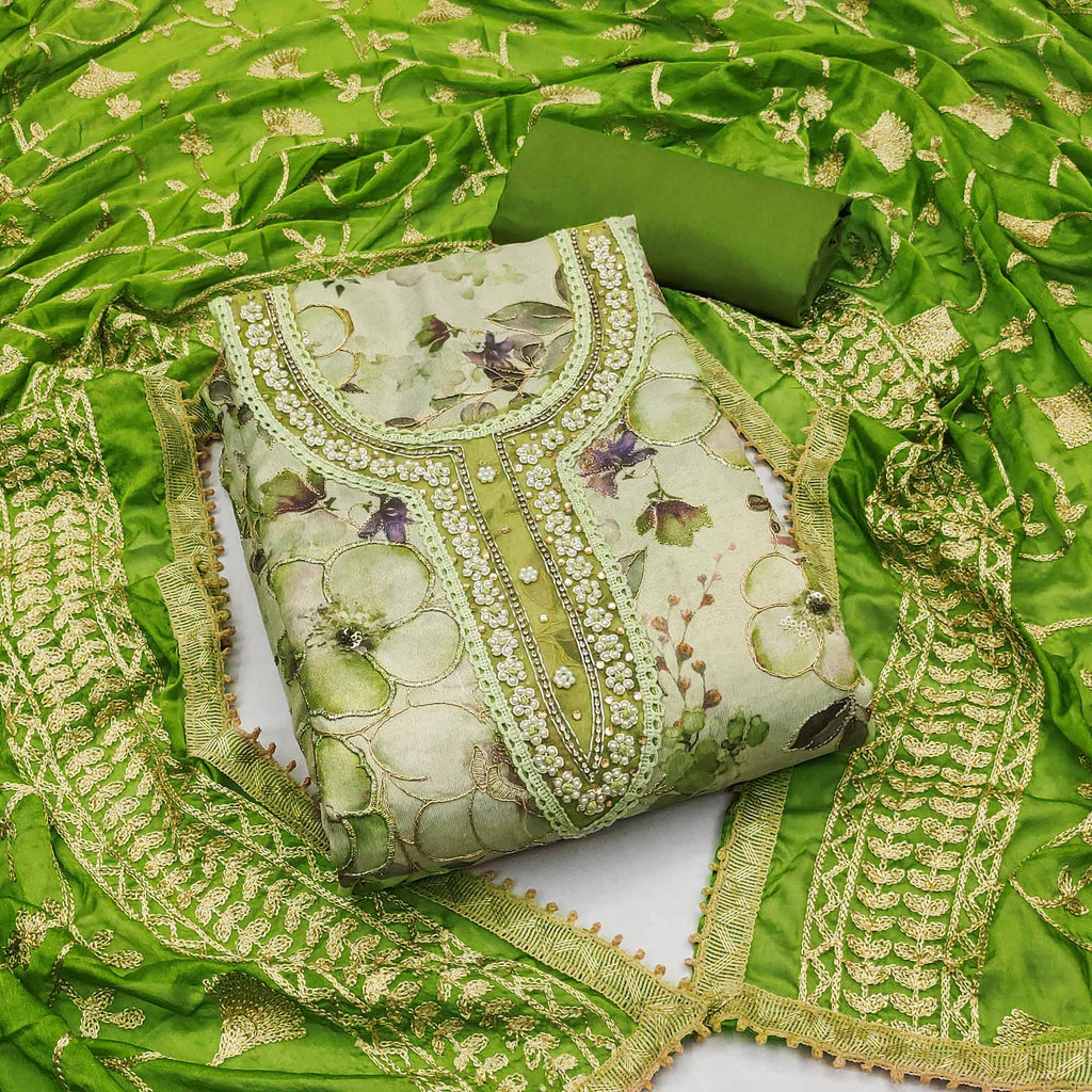 Green Floral Digital Printed With Hand Embroidery Viscose Dress Material