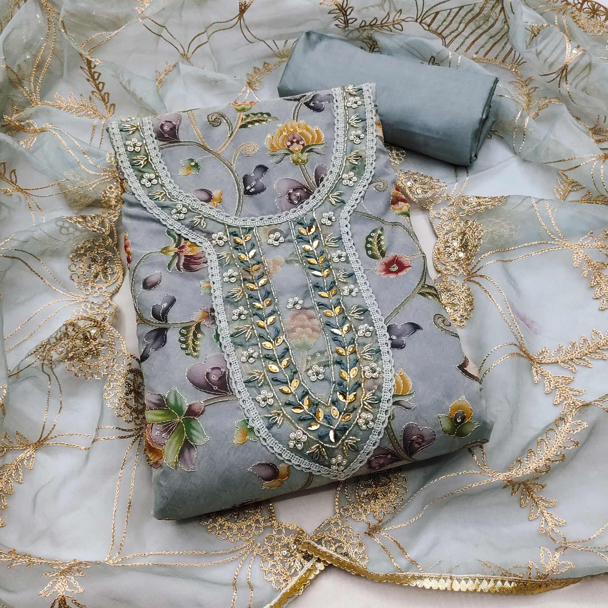 Grey Floral Digital Printed With Hand Embroidery Organza Dress Material