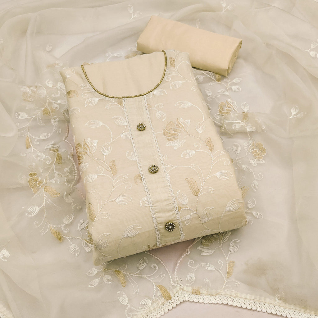 Cream Floral Embroidered Chanderi Silk Dress Material