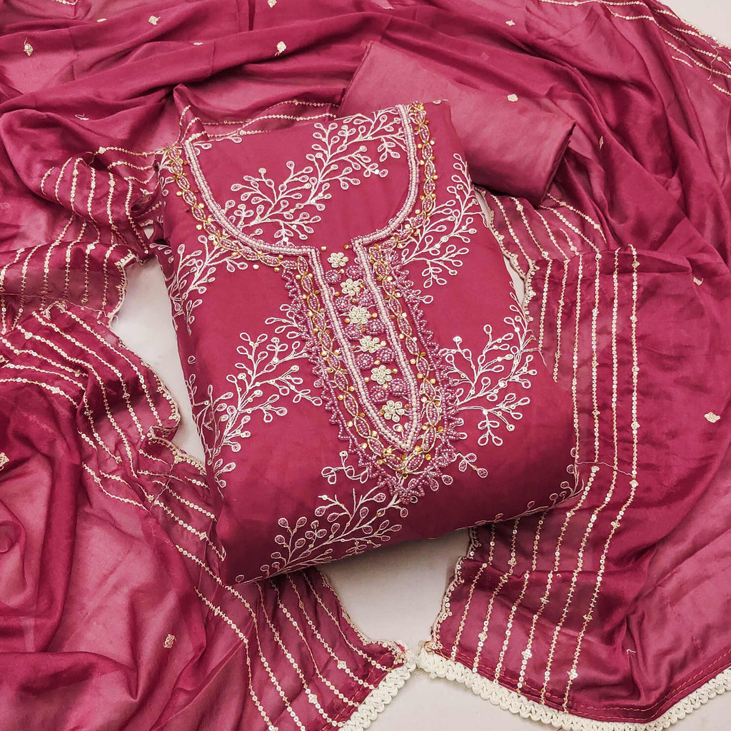 Pink Sequins Embroidery With Handwork Organza Dress Material