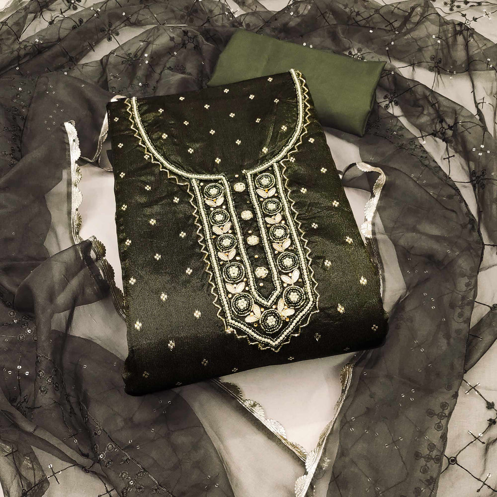 Green Woven With Handwork Organza Dress Material