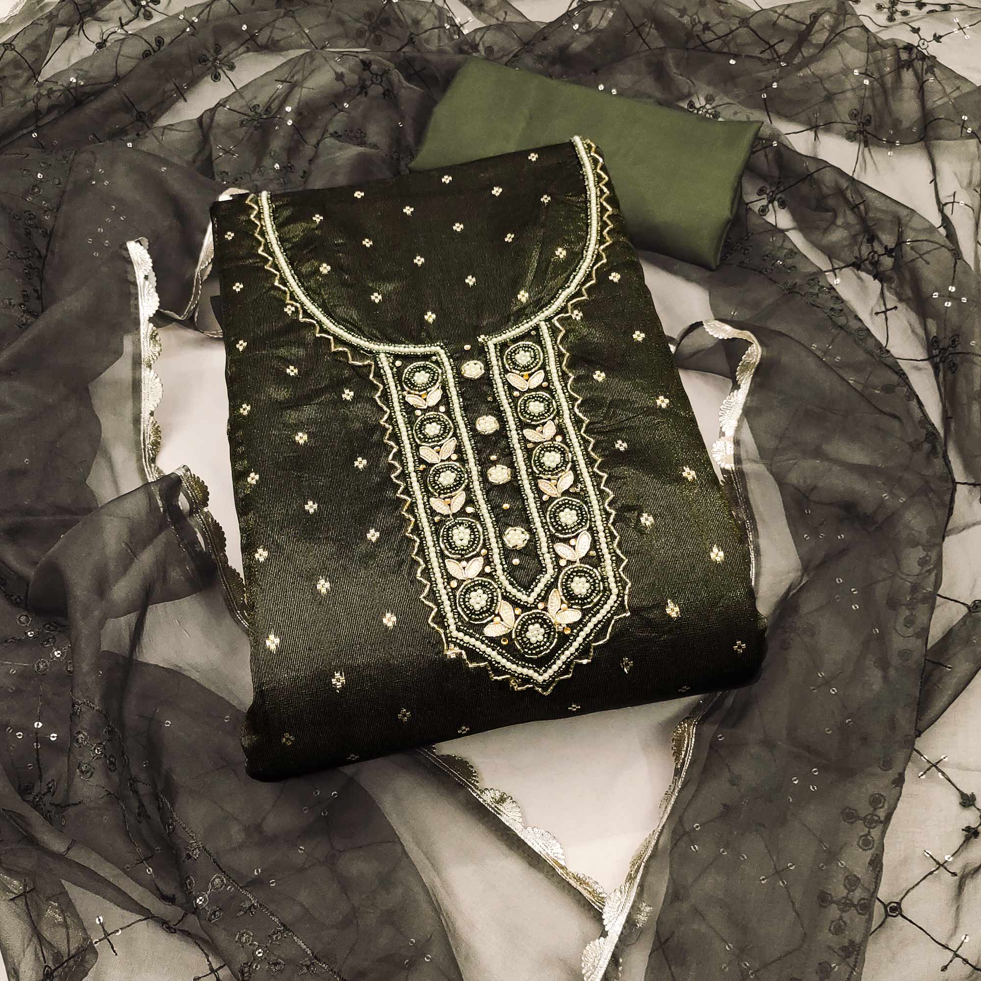 Green Woven With Handwork Organza Dress Material