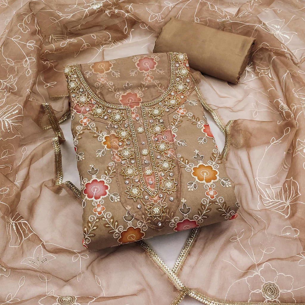 Brown Digital Printed With Hand Embroidered Organza Dress Material