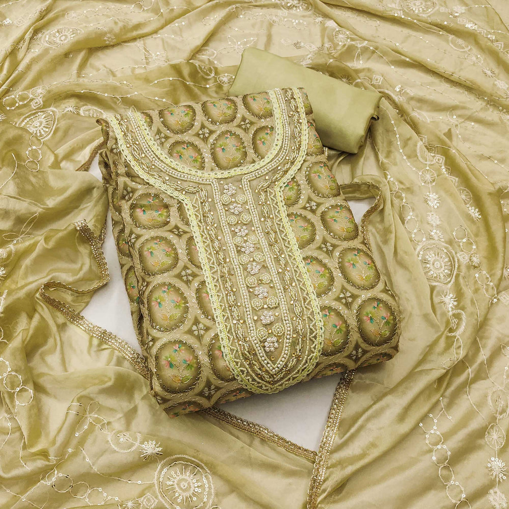 Olive Sequins Embroidery With Handwork Organza Dress Material