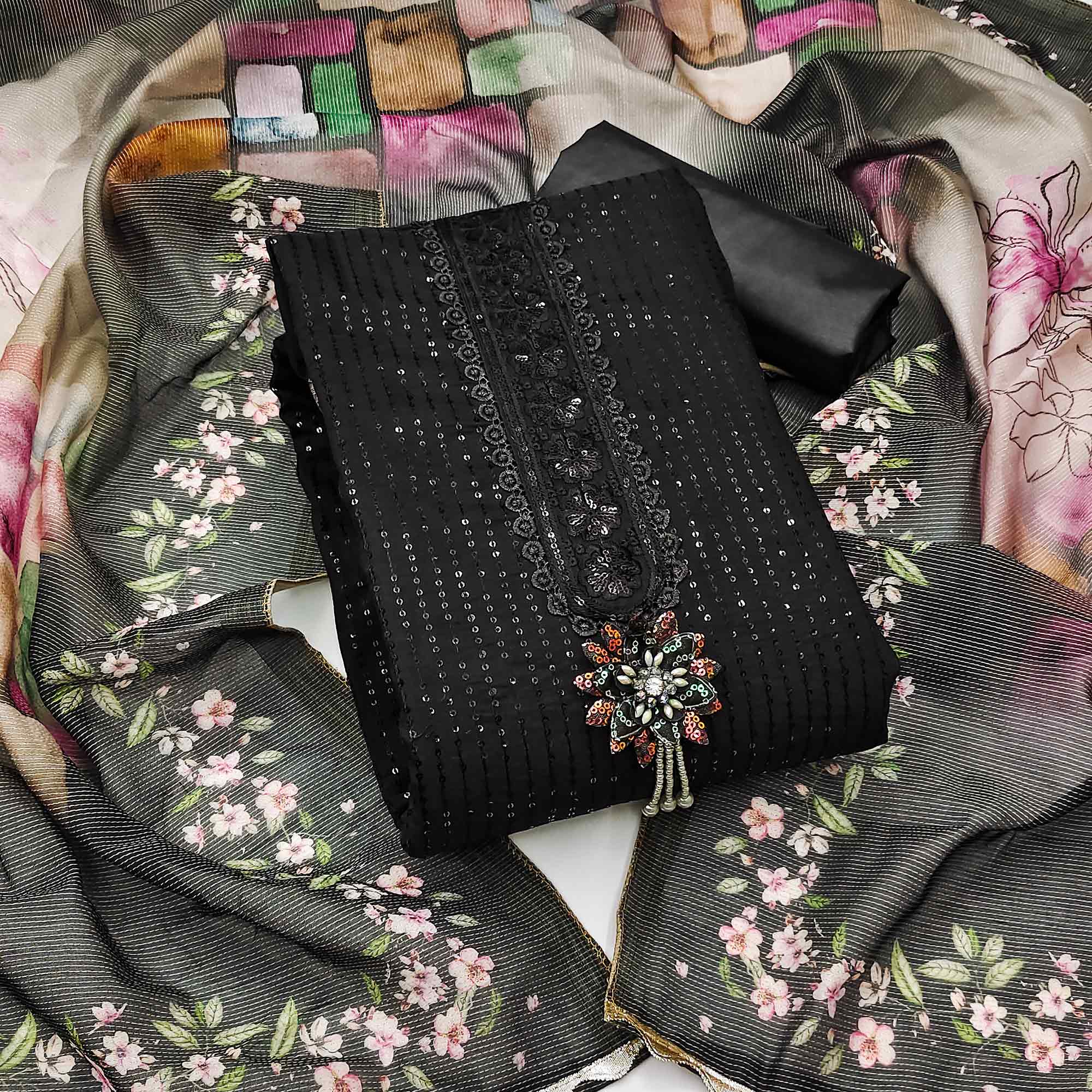 Black Floral Sequins Embroidered Cotton Silk Dress Material