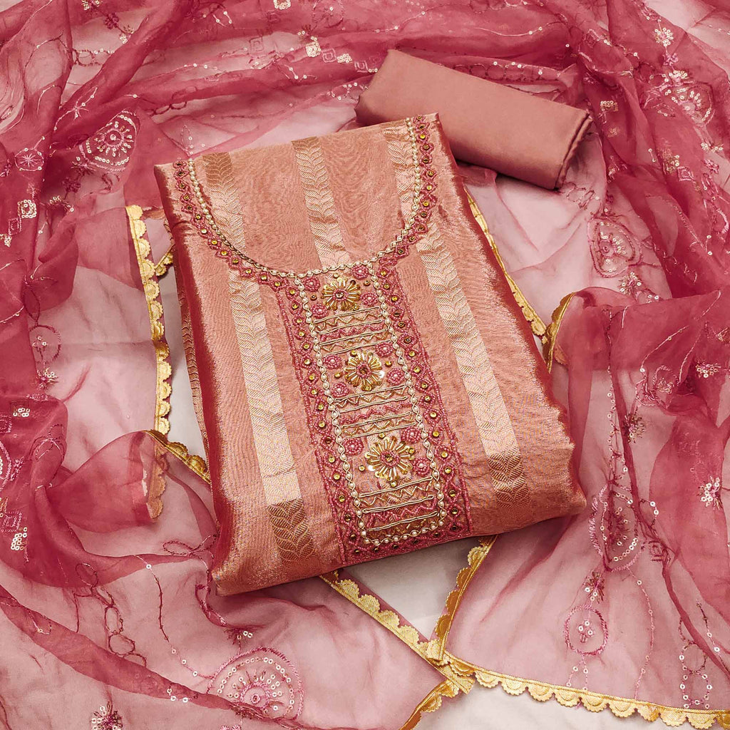 Peach Sequins Hand Embroidery Organza Dress Material