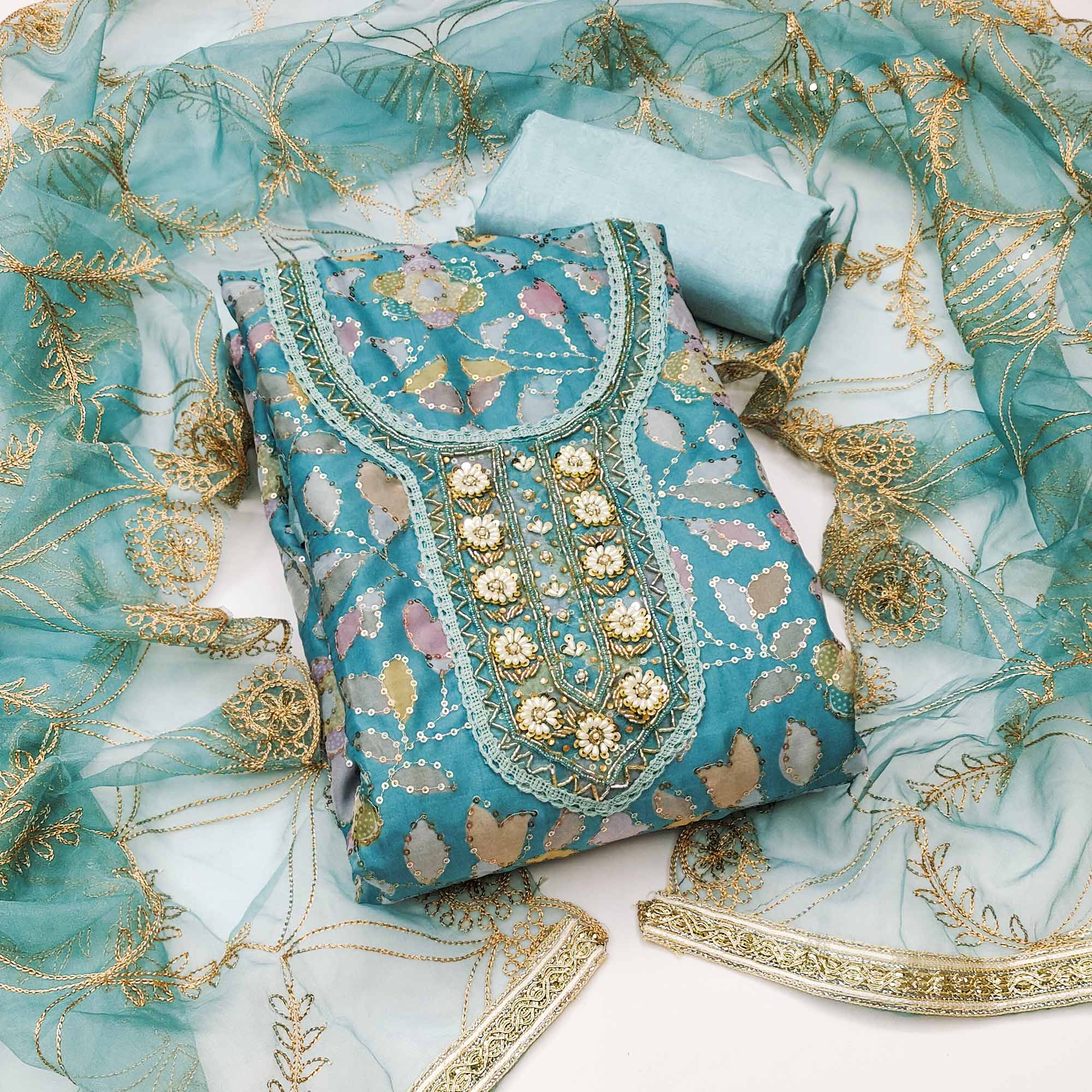 Blue Floral Sequins Embroidery Organza Dress Material