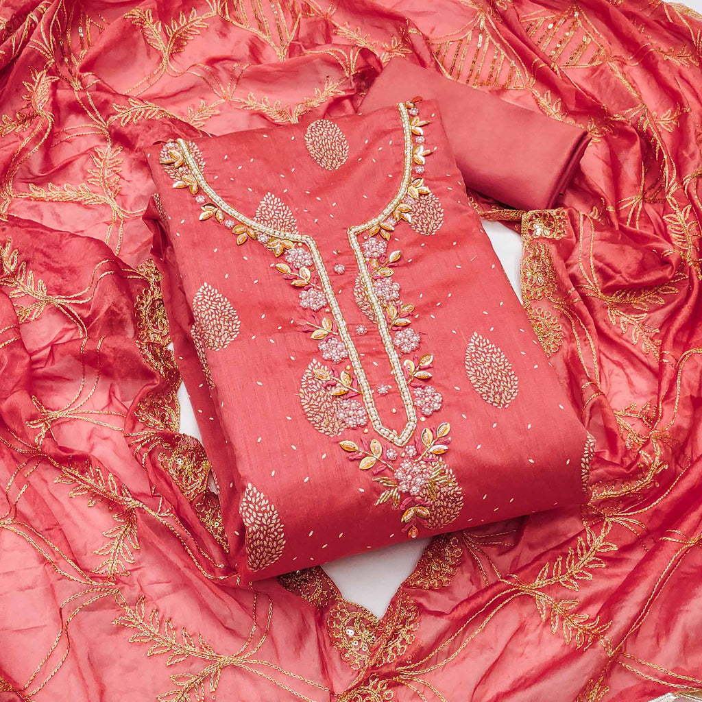 Peach Printed With Hand Embroidered Chanderi Silk Dress Material