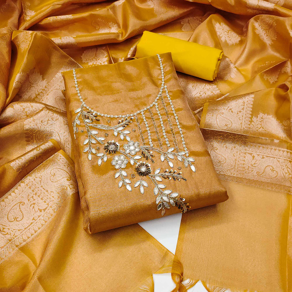 Mustard Floral Moti With Gota Patti Handwork Viscose Dress Material