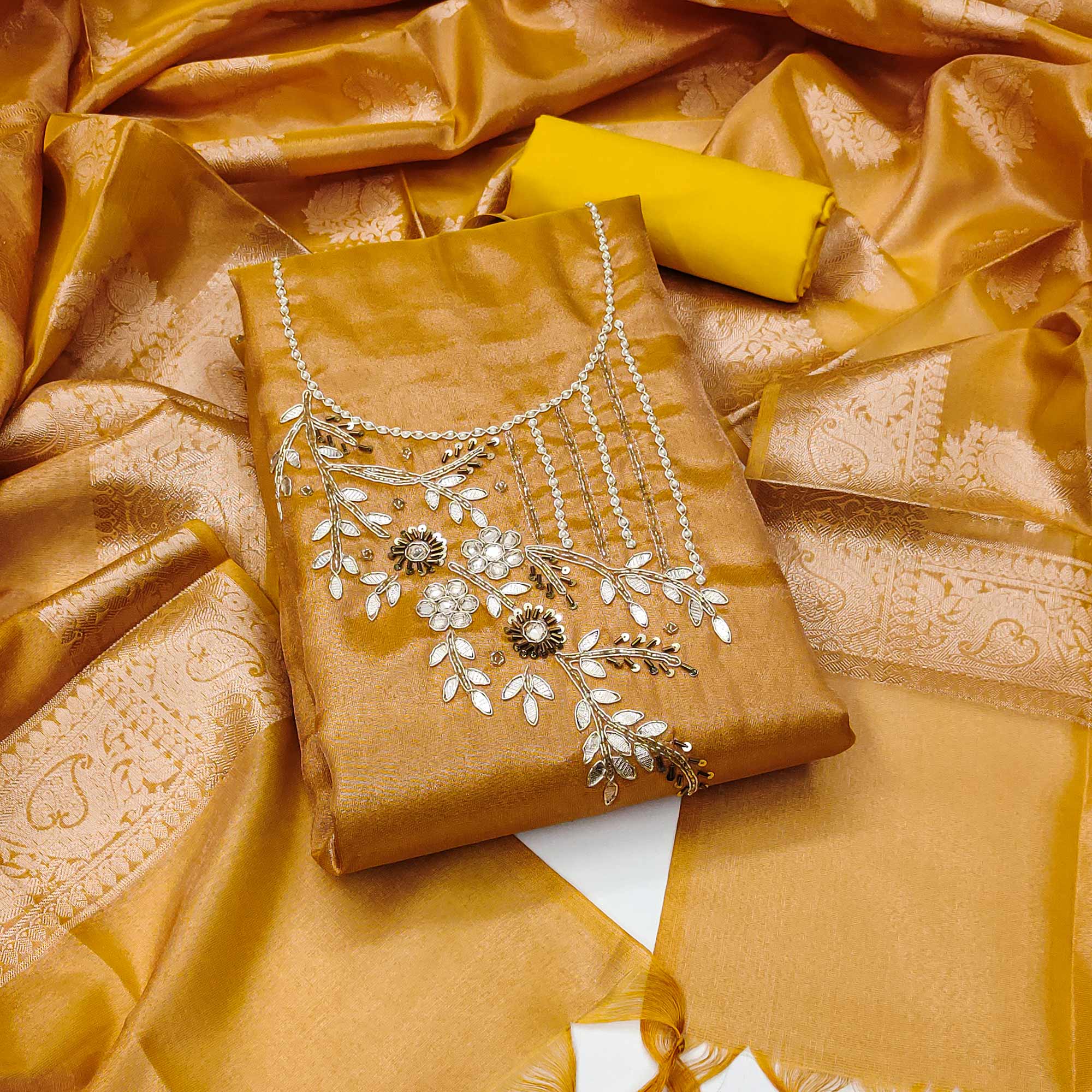 Mustard Floral Moti With Gota Patti Handwork Viscose Dress Material