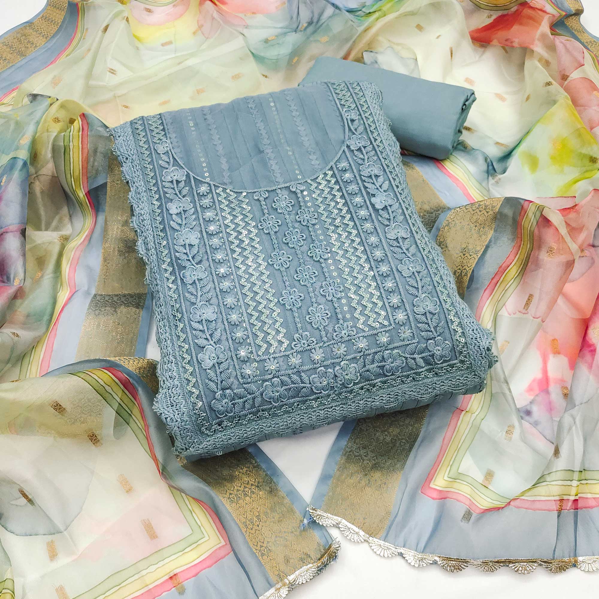 Grey Floral Sequins Embroidered Cotton Silk Dress Material