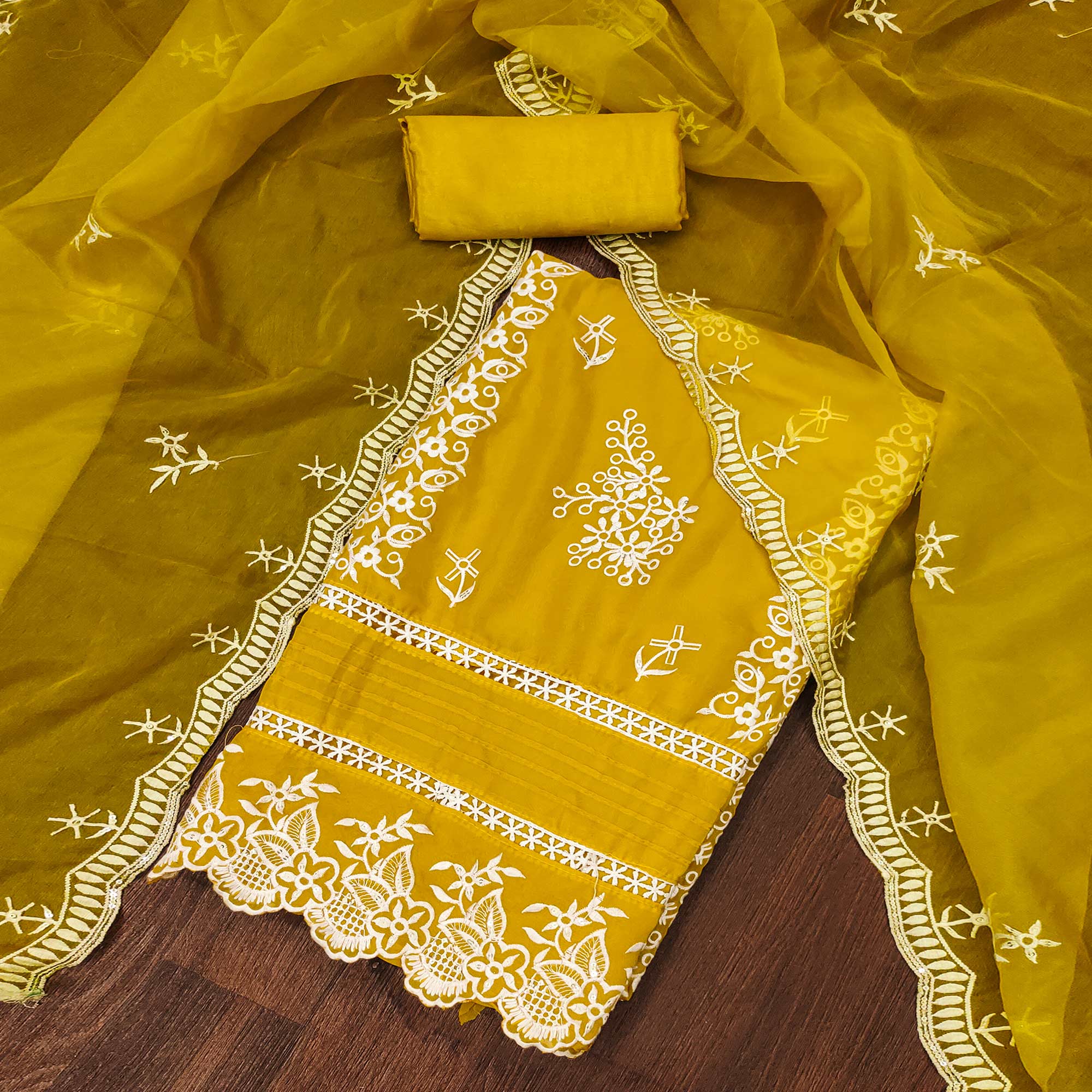 Mustard Floral Sequins Embroidered Organza Dress Material