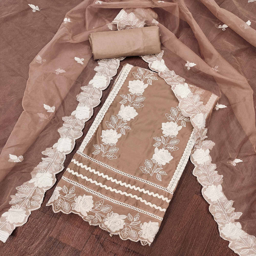 Light Brown Floral Embroidery With Stonework Organza Dress Material