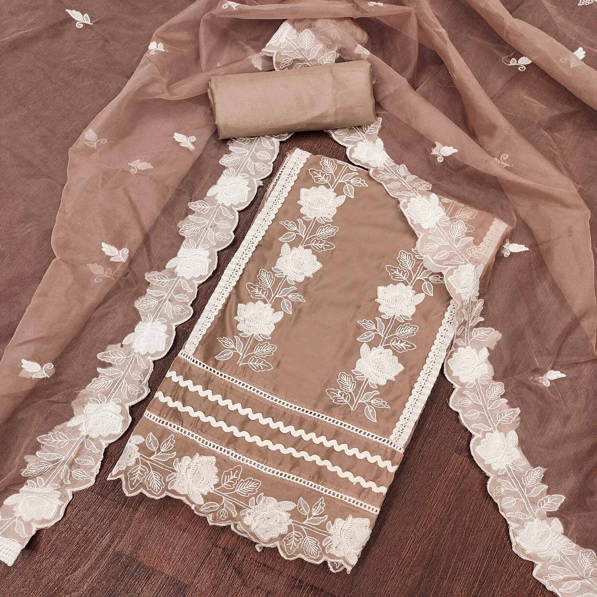 Light Brown Floral Embroidery With Stonework Organza Dress Material