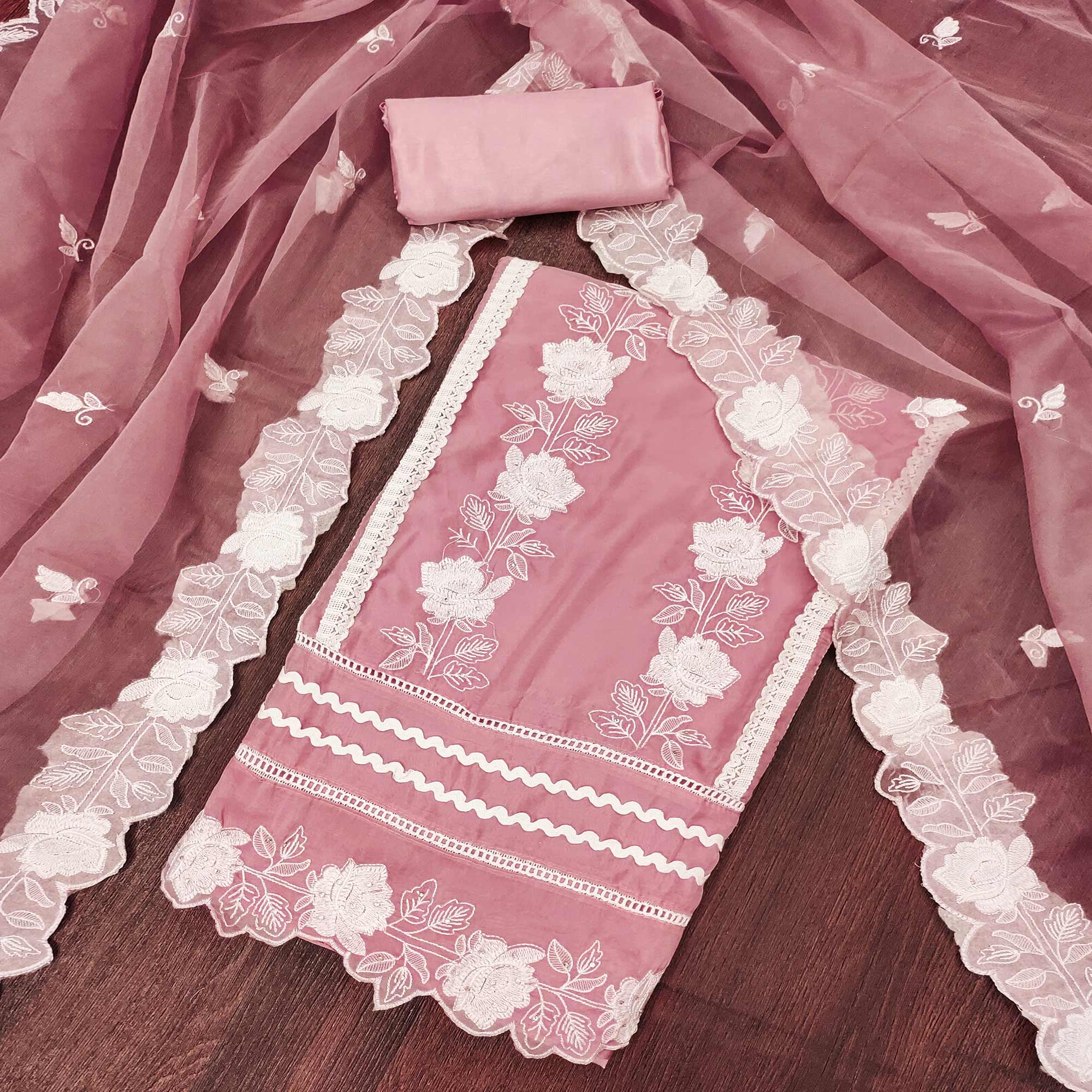 Onion Pink Floral Embroidery With Stonework Organza Dress Material