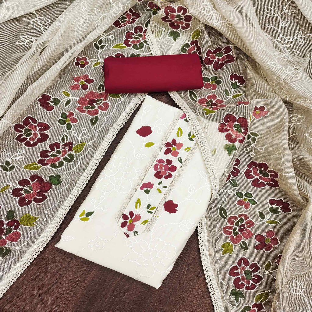 Offwhite & Maroon Floral Embroidery With Printed Roman Cotton Silk Material Material