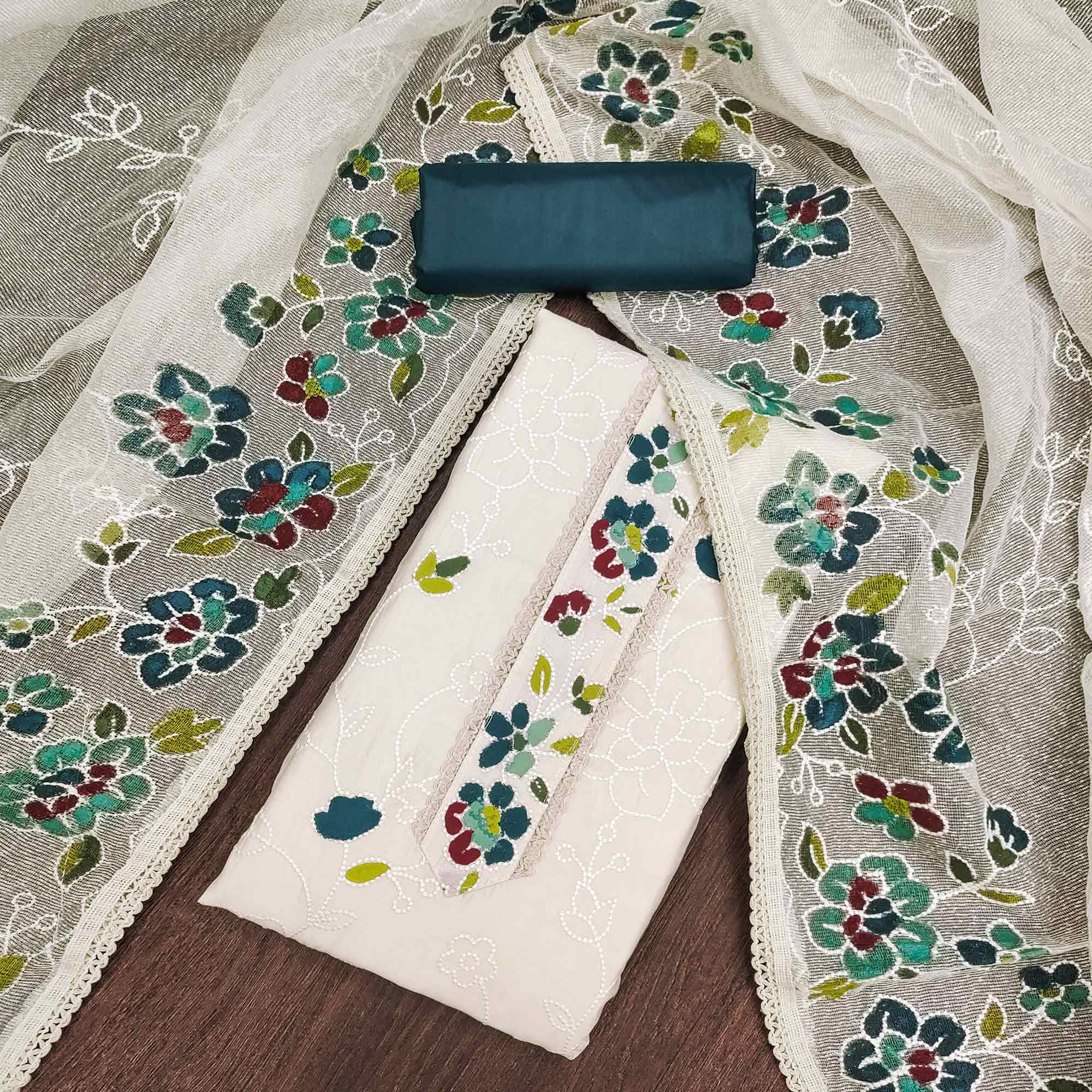 Offwhite & Morpich Floral Embroidery With Printed Roman Cotton Silk Material Material