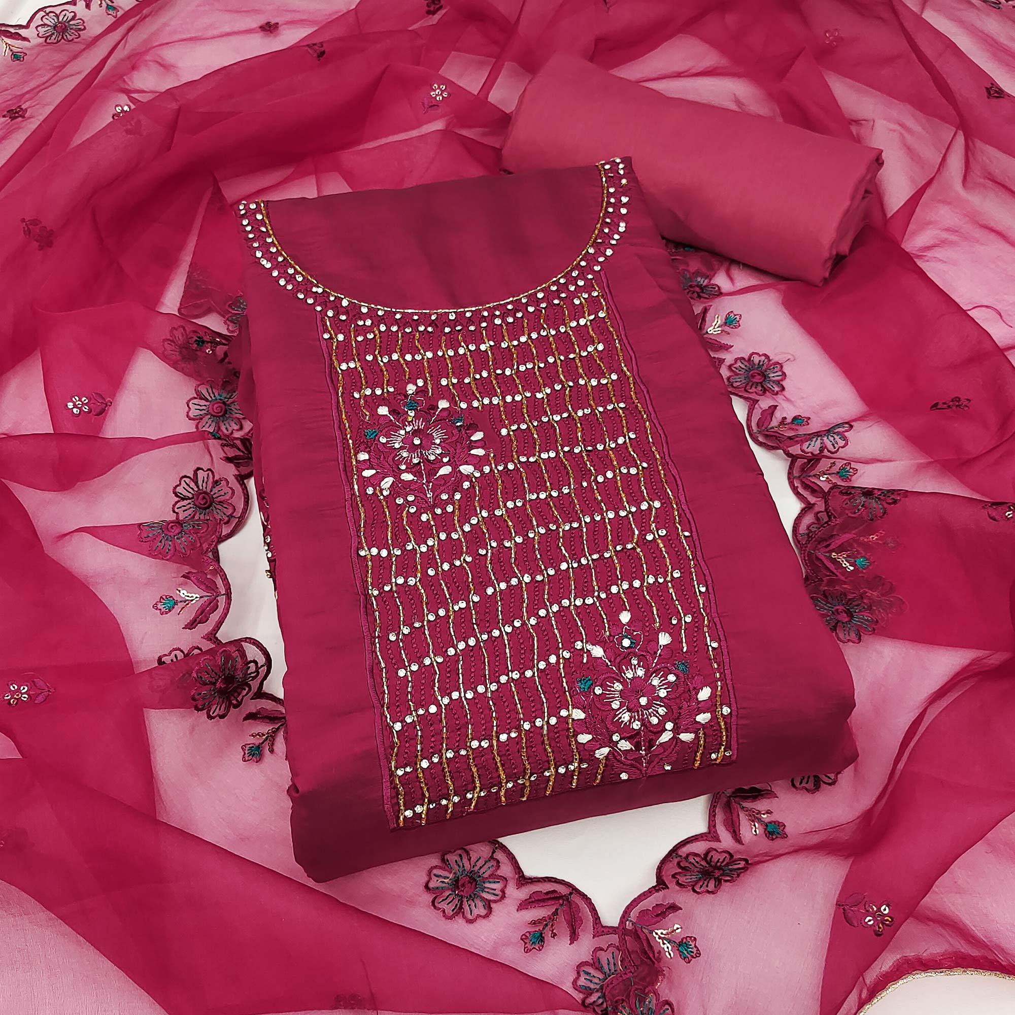 Magenta Floral Embroidery With Stonework Cotton Silk Dress Material