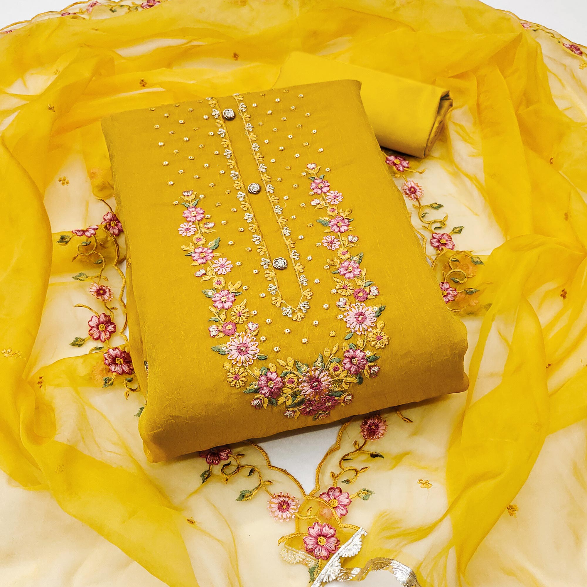 Mustard Floral Sequins Embroidered Viscose Dress Material