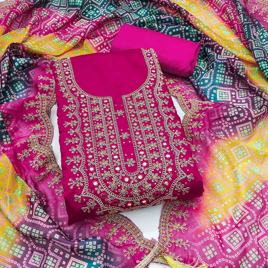 Pink Floral Embroidery With Stonework Roman Cotton Silk Dress Material