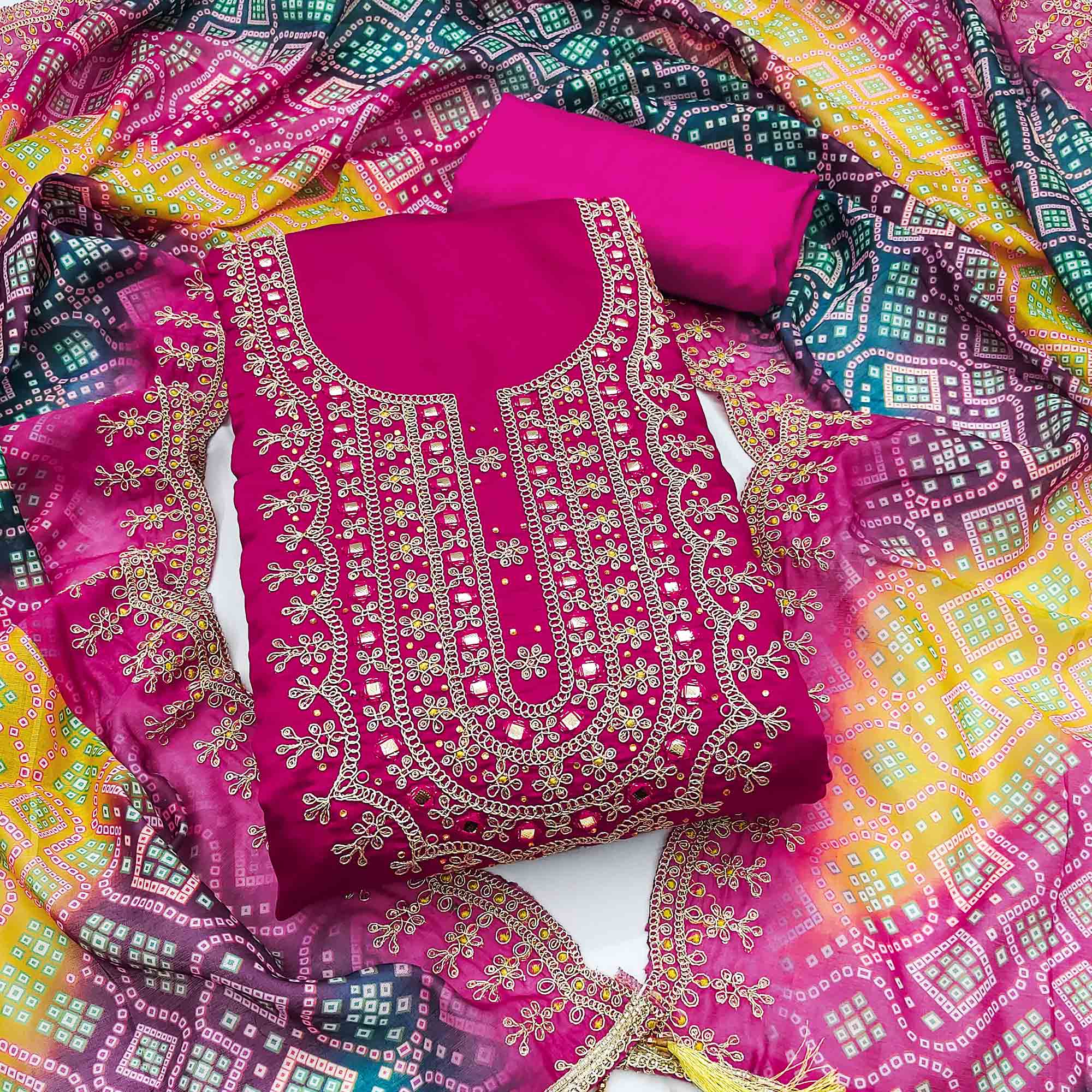 Pink Floral Embroidery With Stonework Roman Cotton Silk Dress Material