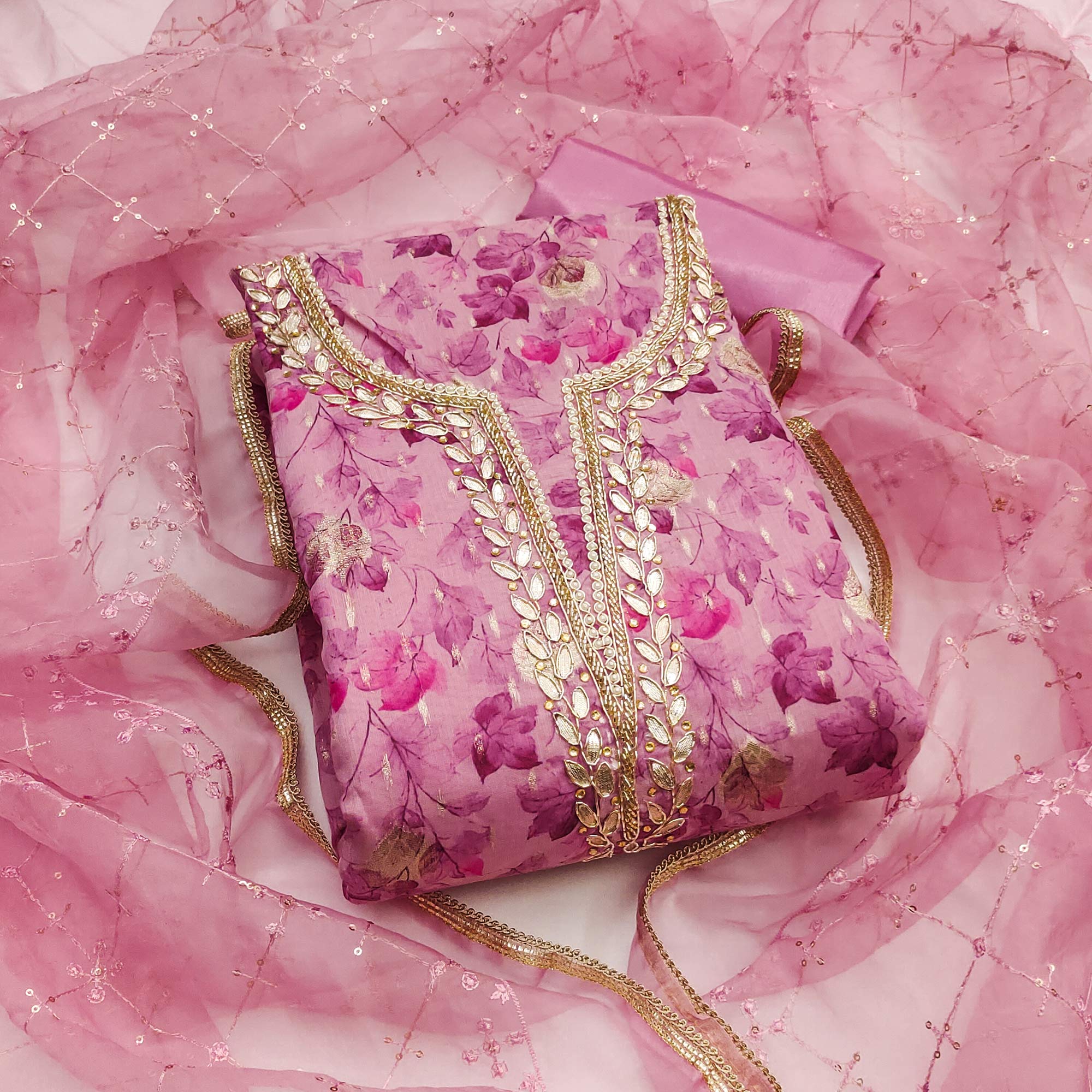 Pink Floral Woven With Handwork Viscose Banarasi Dress Material