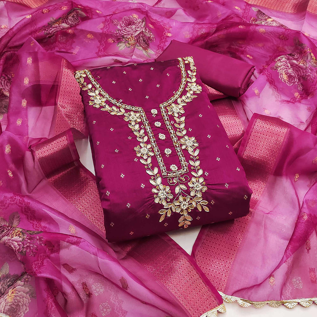 Magenta Floral Moti With Gota Patti Handwork Banaarasi Silk Dress Material