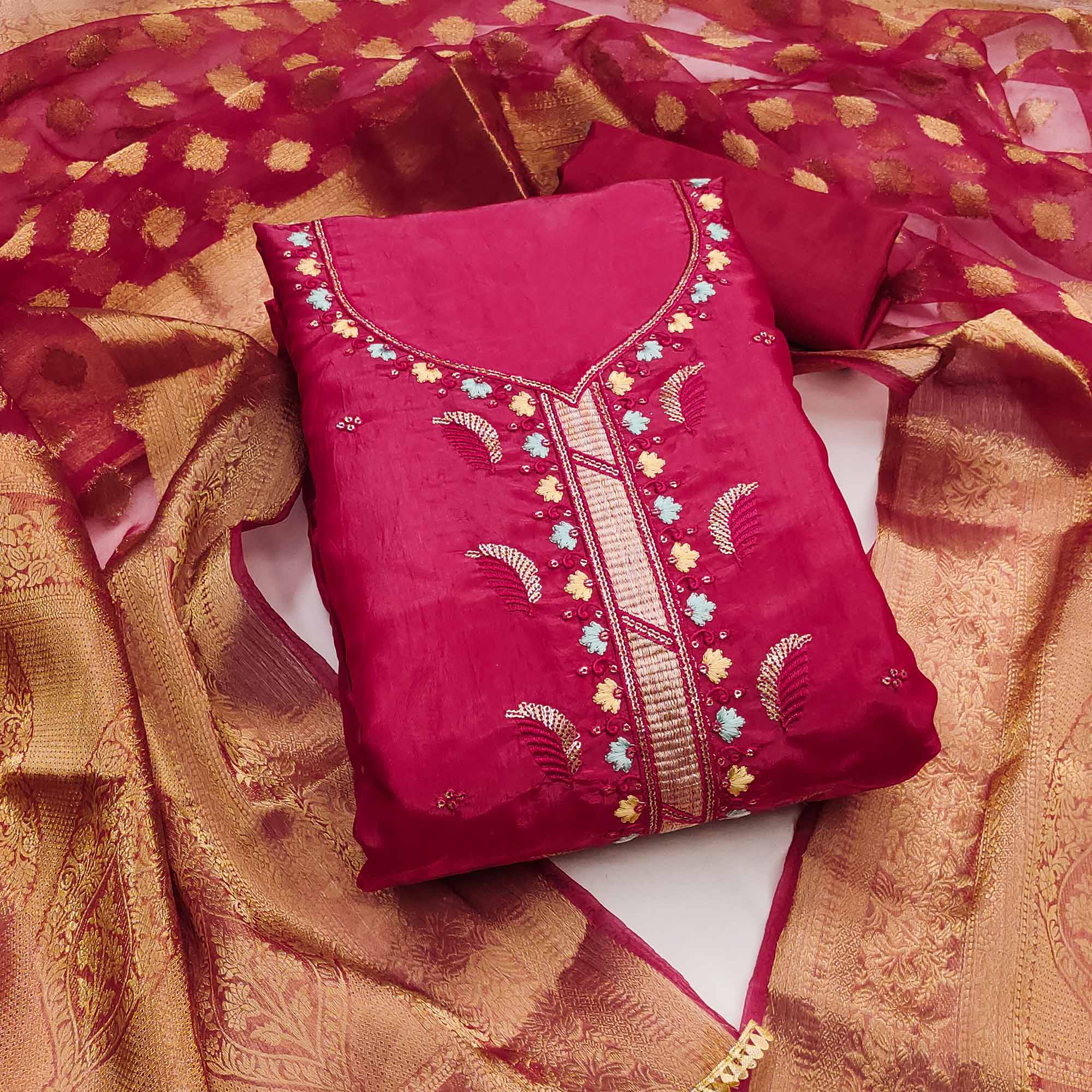 Pink Floral Sequins Embroidered Viscose Dress Material