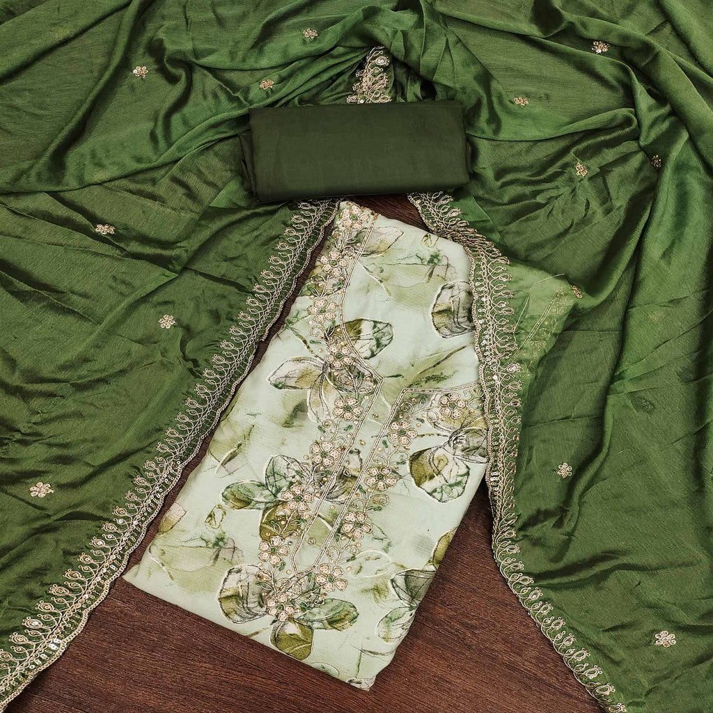 Green Floral Printed With Handwork Pure Cotton Dress Material