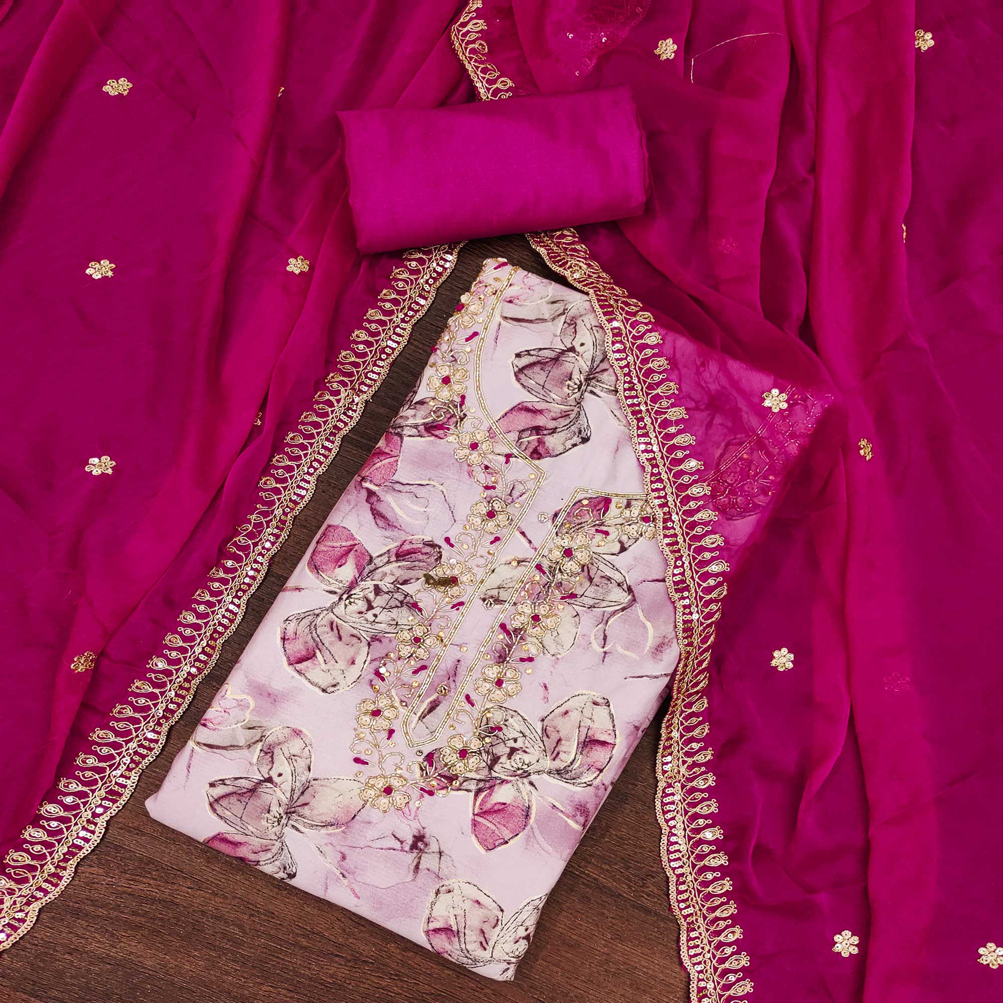 3Pink Floral Printed With Handwork Pure Cotton Dress Material