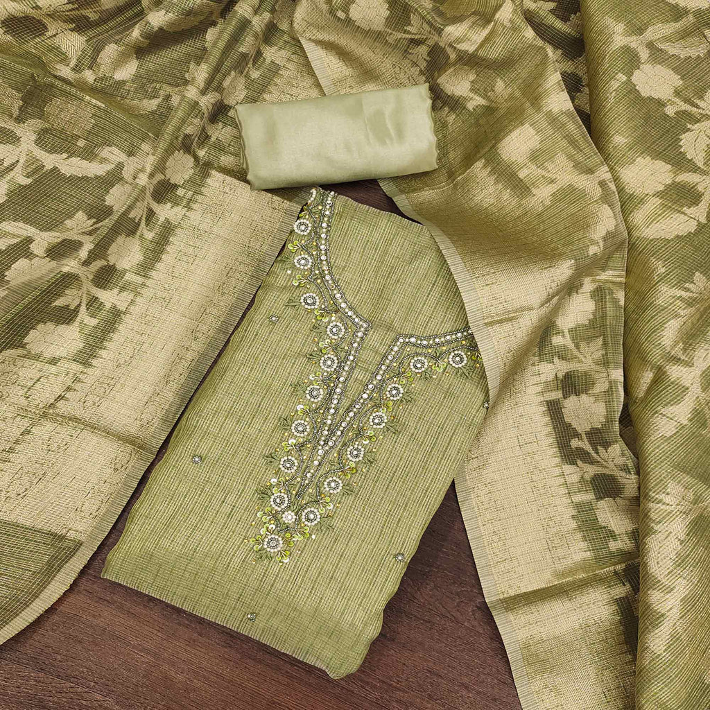 Green Woven With Moti Handwork Viscose Dress Material