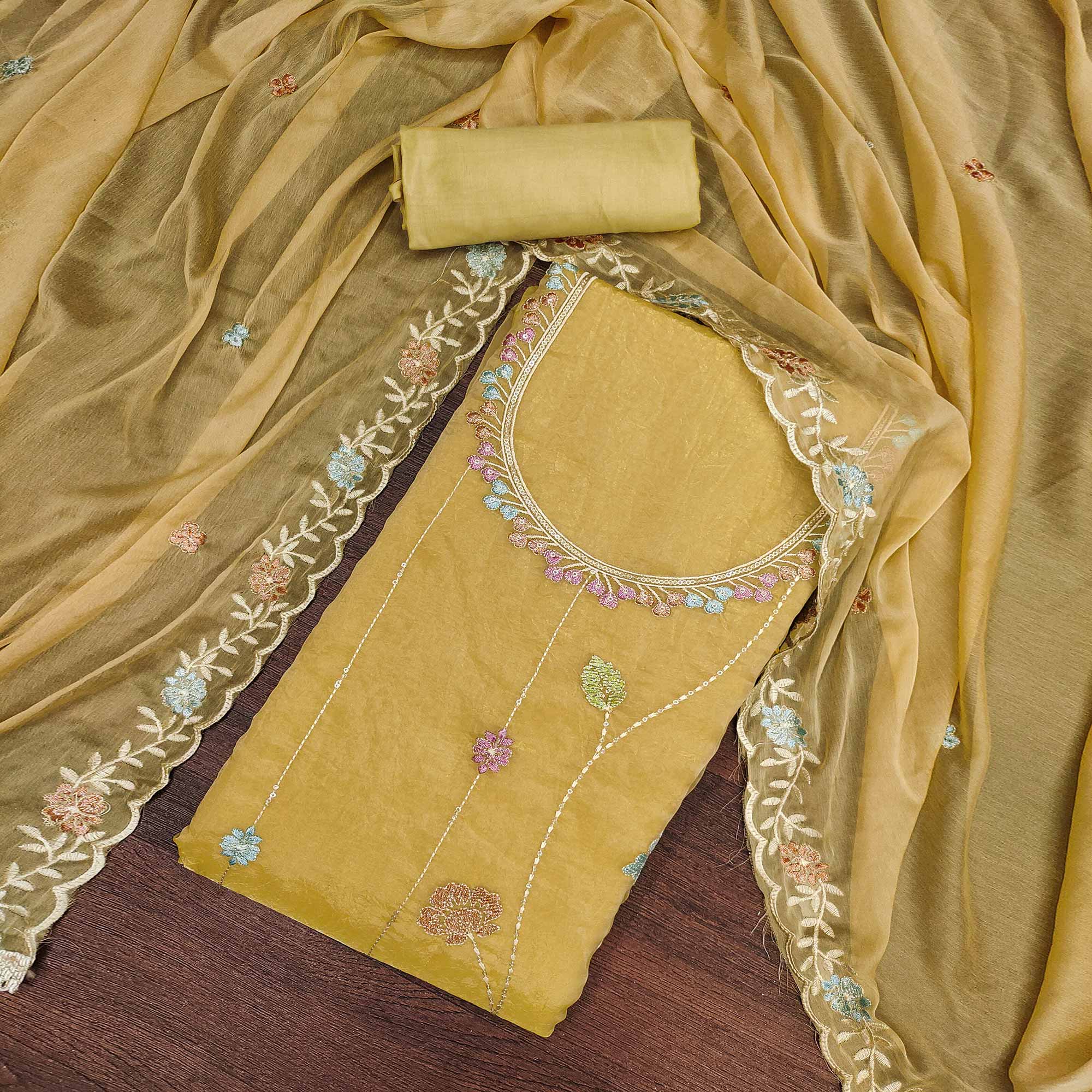 Chikoo Floral Sequins Embroidered Viscose Golden Crush Dress Material