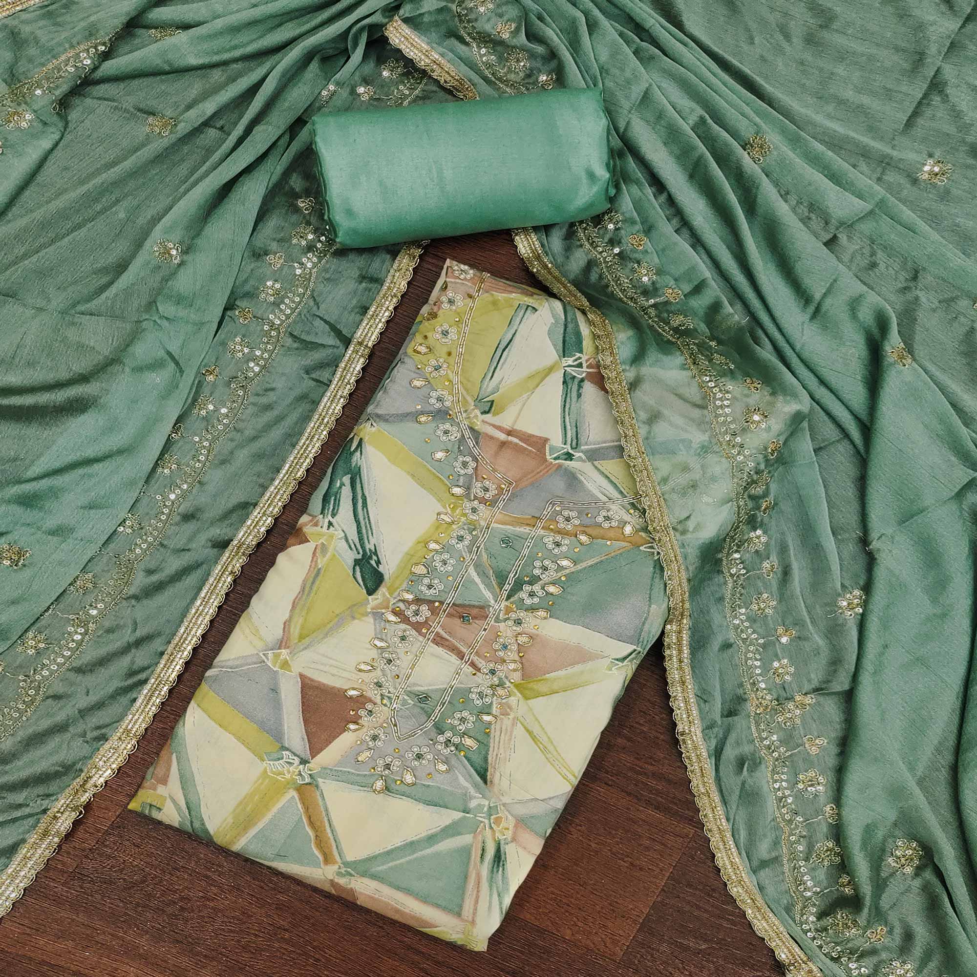 Green Geometric Digital Printed With Handwork Roman Cotton Silk Dress Material