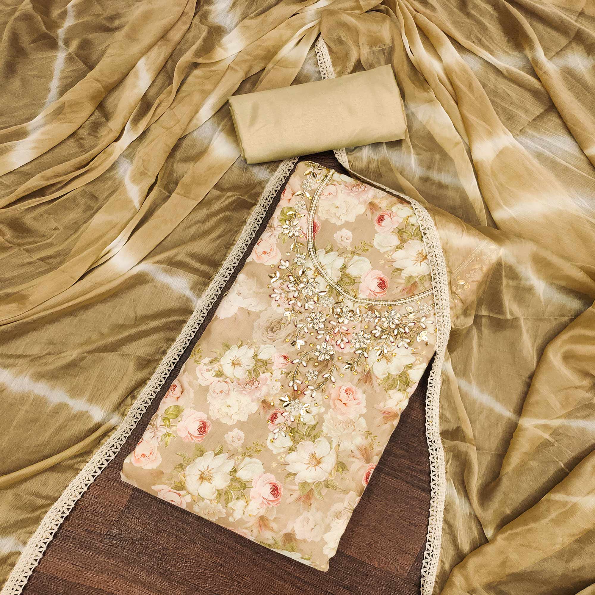 Chikoo Floral Digital Printed With Handwork Muslin Dress Material