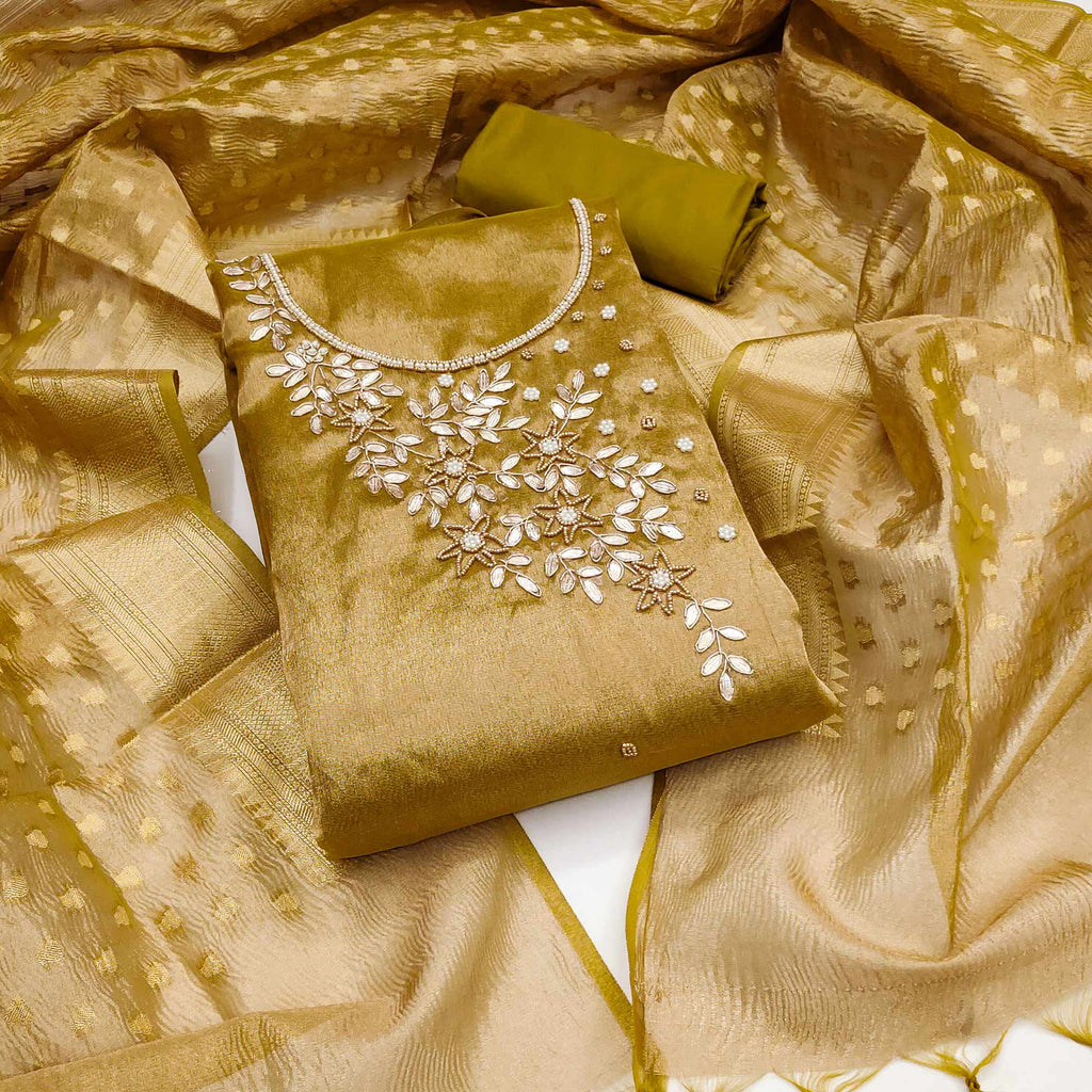 Dark Mustard Floral Moti & Gota Patti Handwork Viscose Dress Material