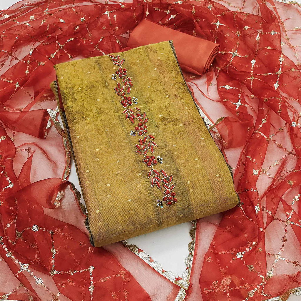 Green Floral Printed With Handwork Shimmer Viscose Dress Material