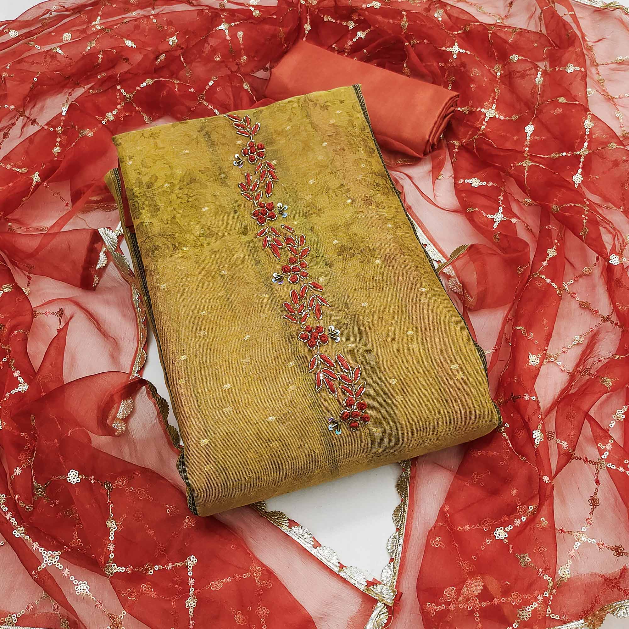 Green Floral Printed With Handwork Shimmer Viscose Dress Material