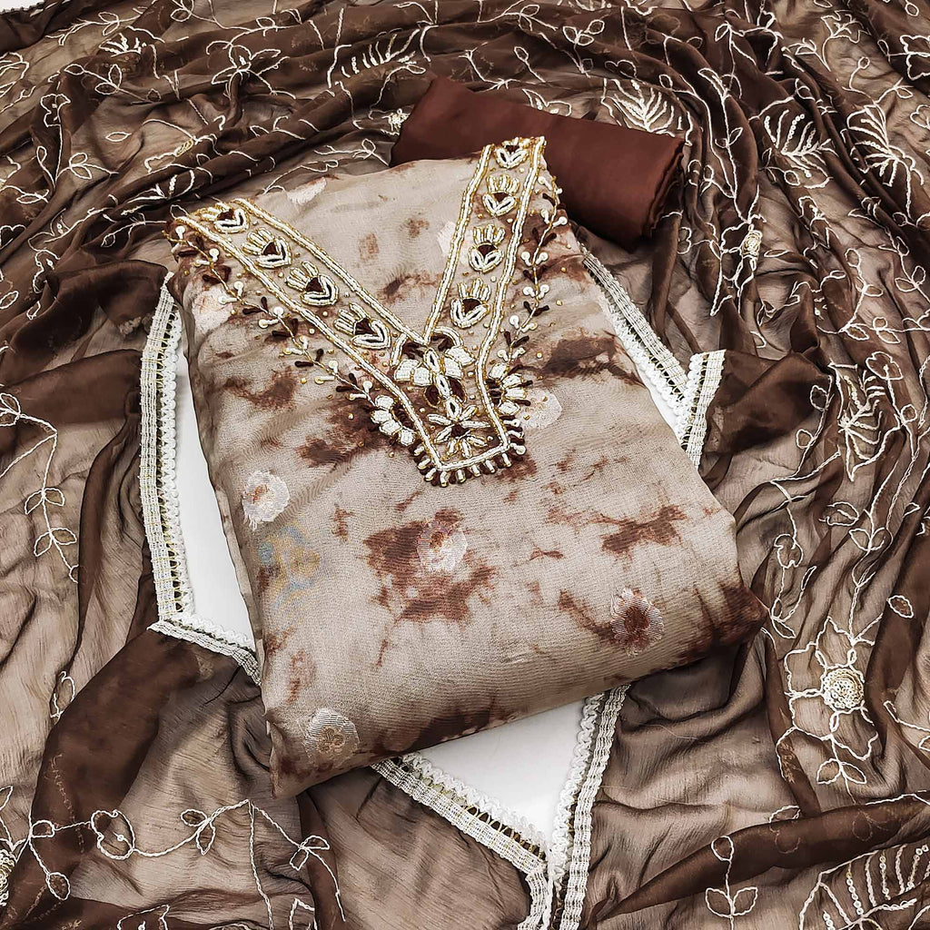 Brown Digital Printed With Handwork Organza Dress Material