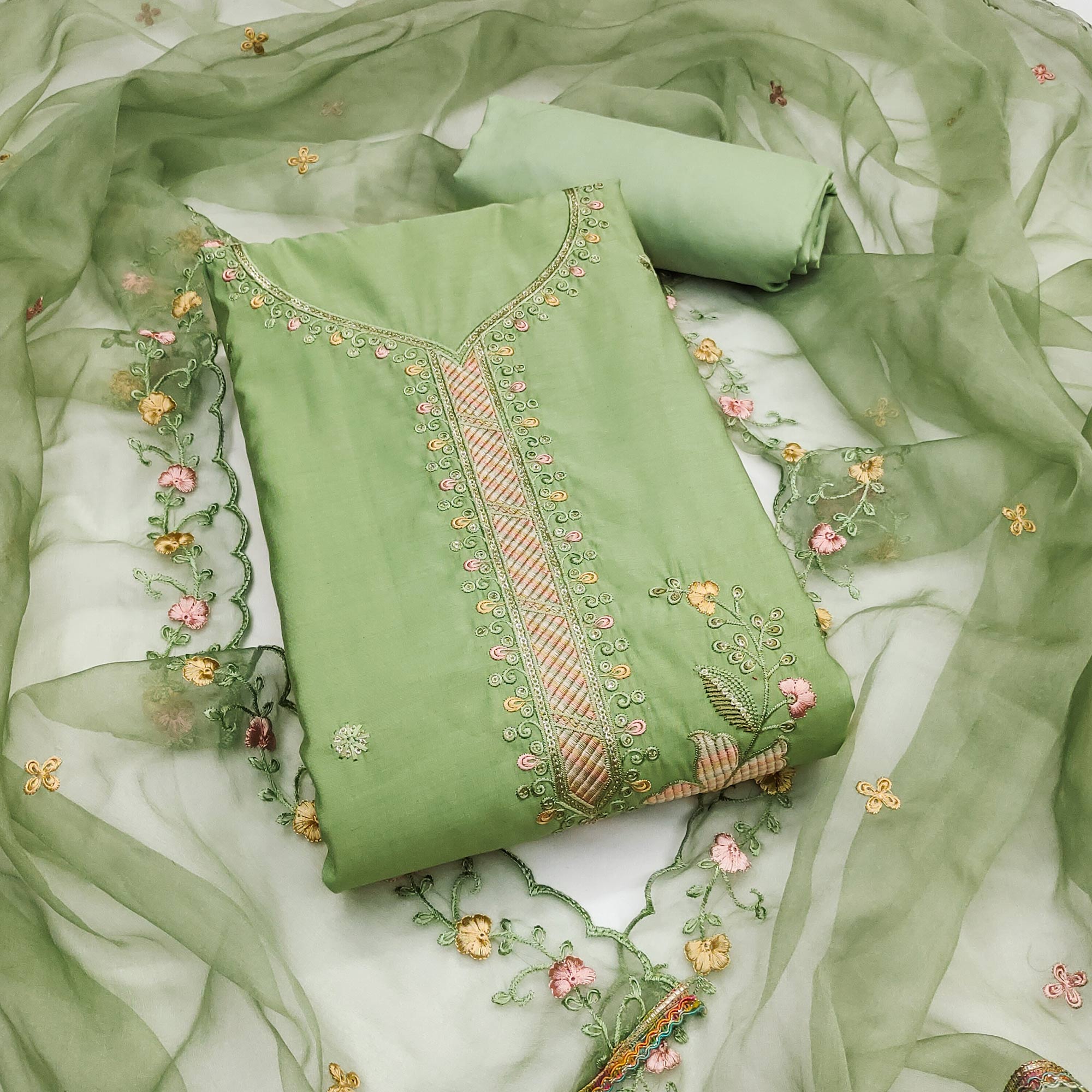 Green Floral Sequins Embroidered Cotton Silk Dress Material