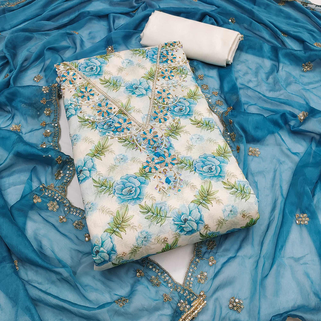 Blue Floral Digital Printed With Handwork Chanderi Silk Dress Material