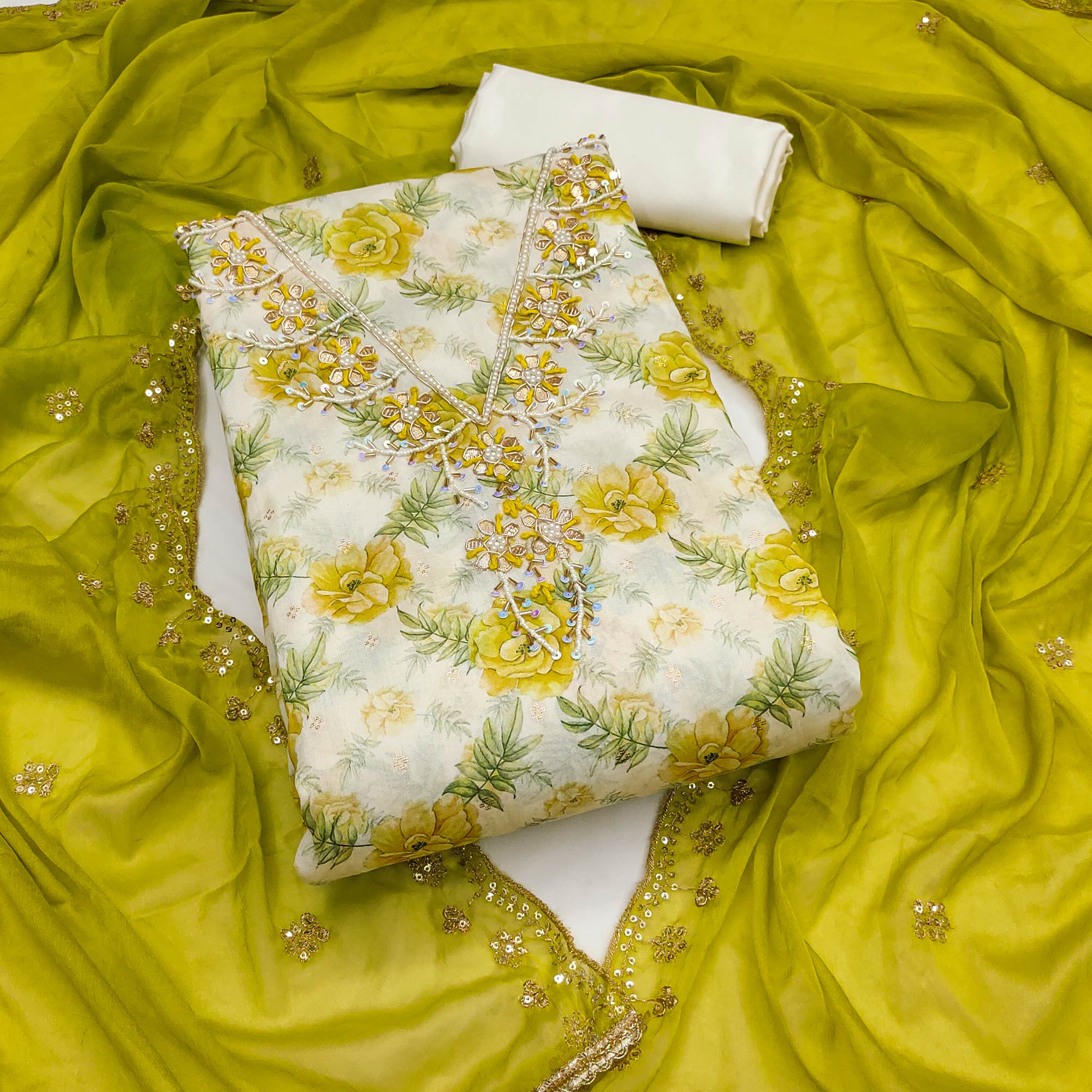 Green Floral Digital Printed With Handwork Chanderi Silk Dress Material