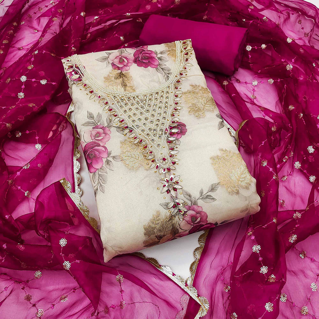 Pink Floral Digital Printed With Handwork Viscose Banarasi Dress Material