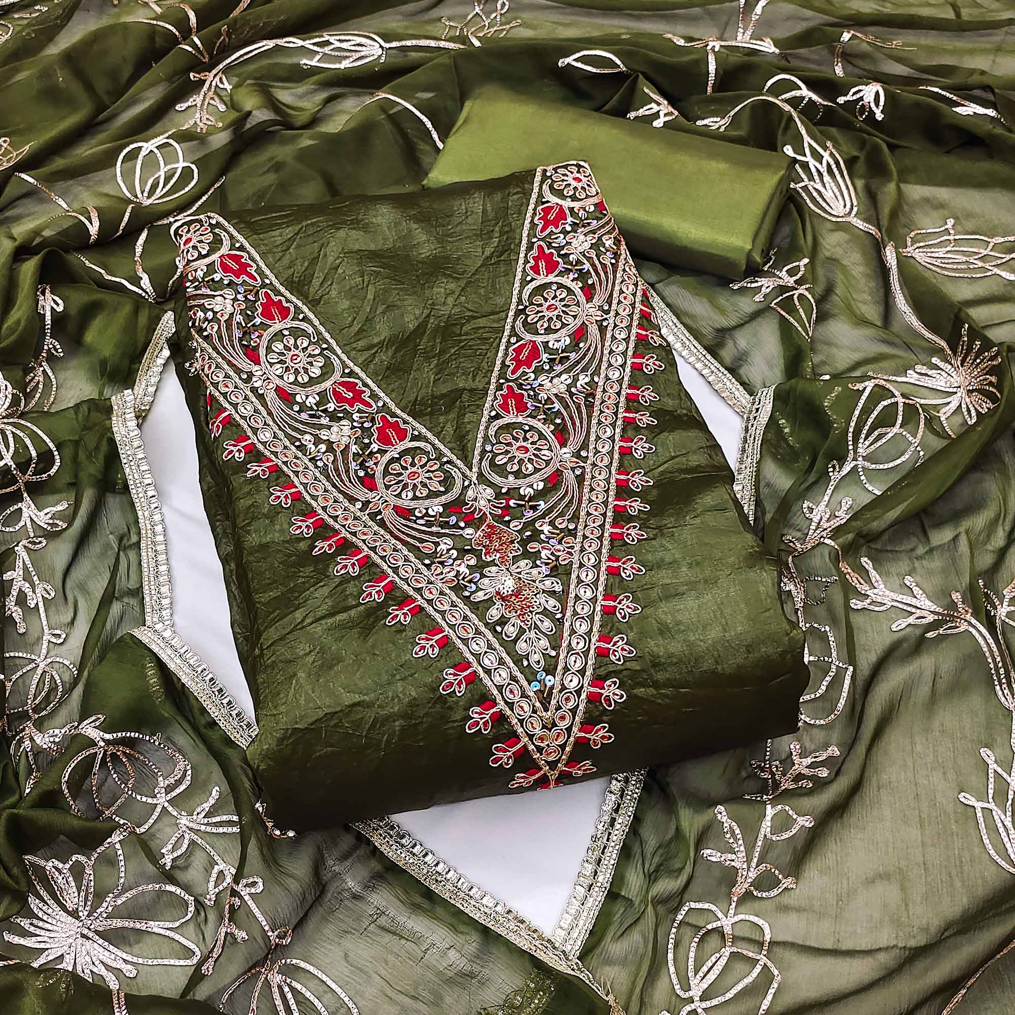 Green Sequins Embroidery With Handwork Viscose Golden Crush Dress Material