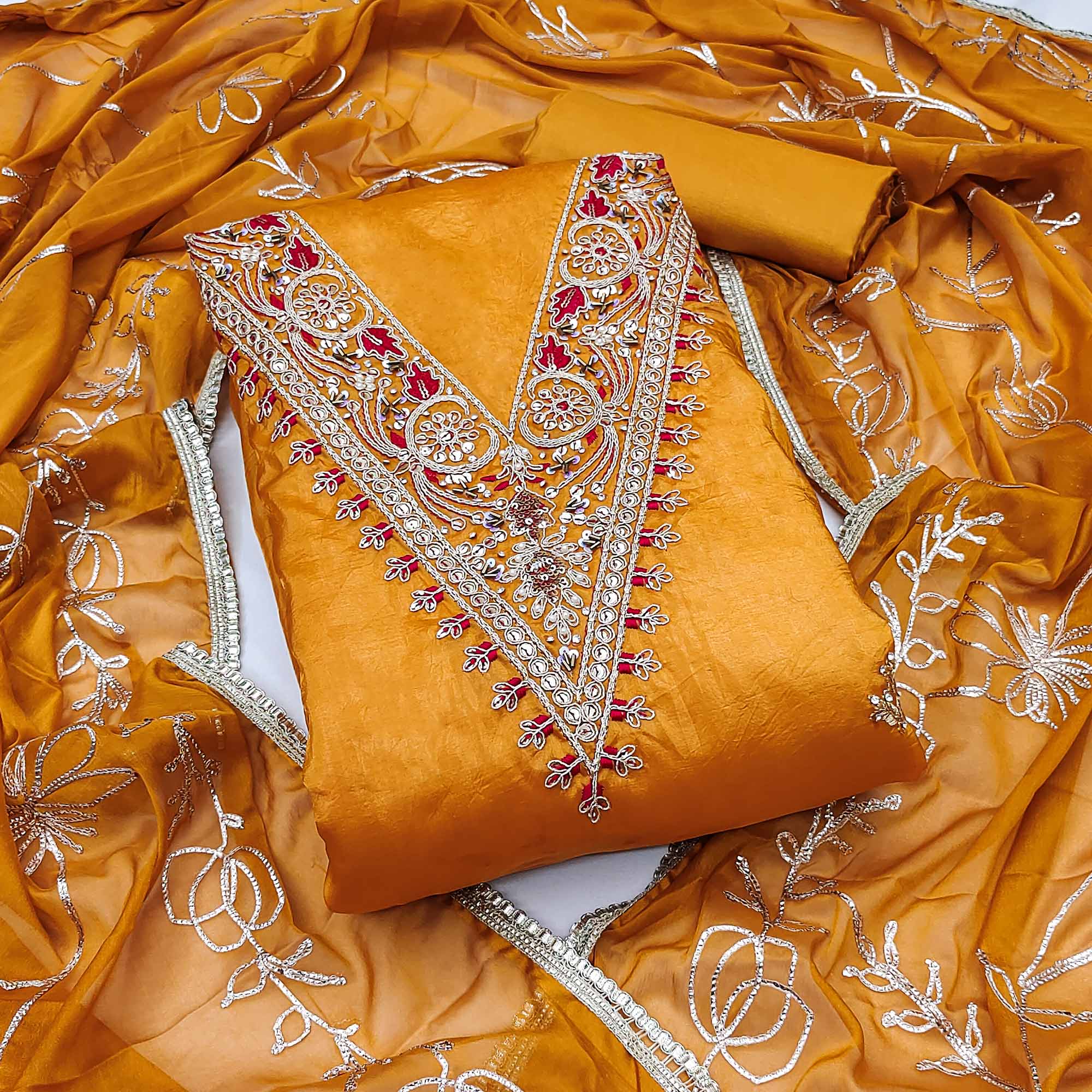 Mustard Sequins Embroidery With Handwork Viscose Golden Crush Dress Material