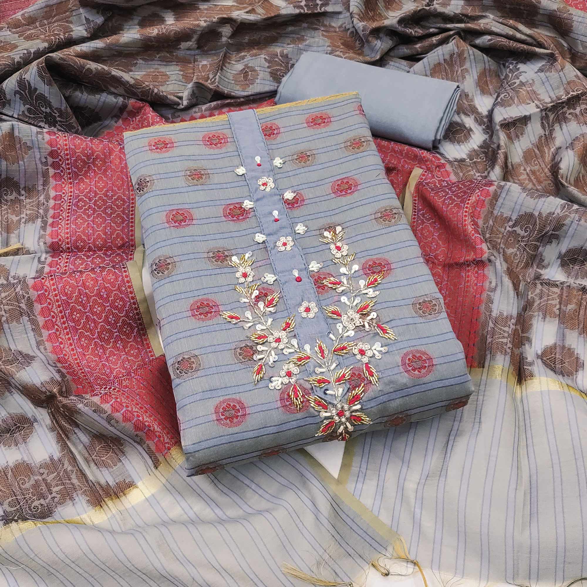 Grey Floral Woven With Handwork Banarasi Silk Dress Material