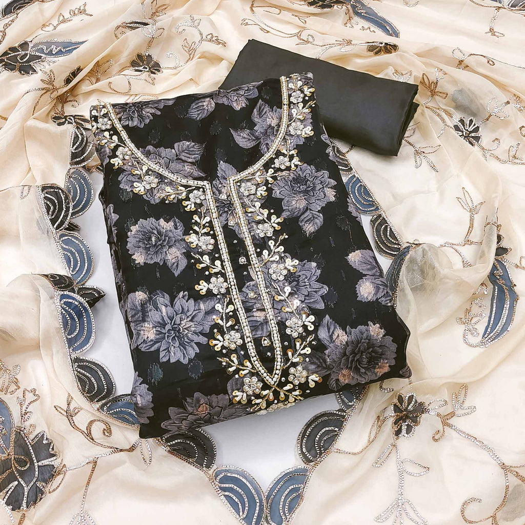 Black Floral Printed With Handwork Viscose Banarasi Dress Material