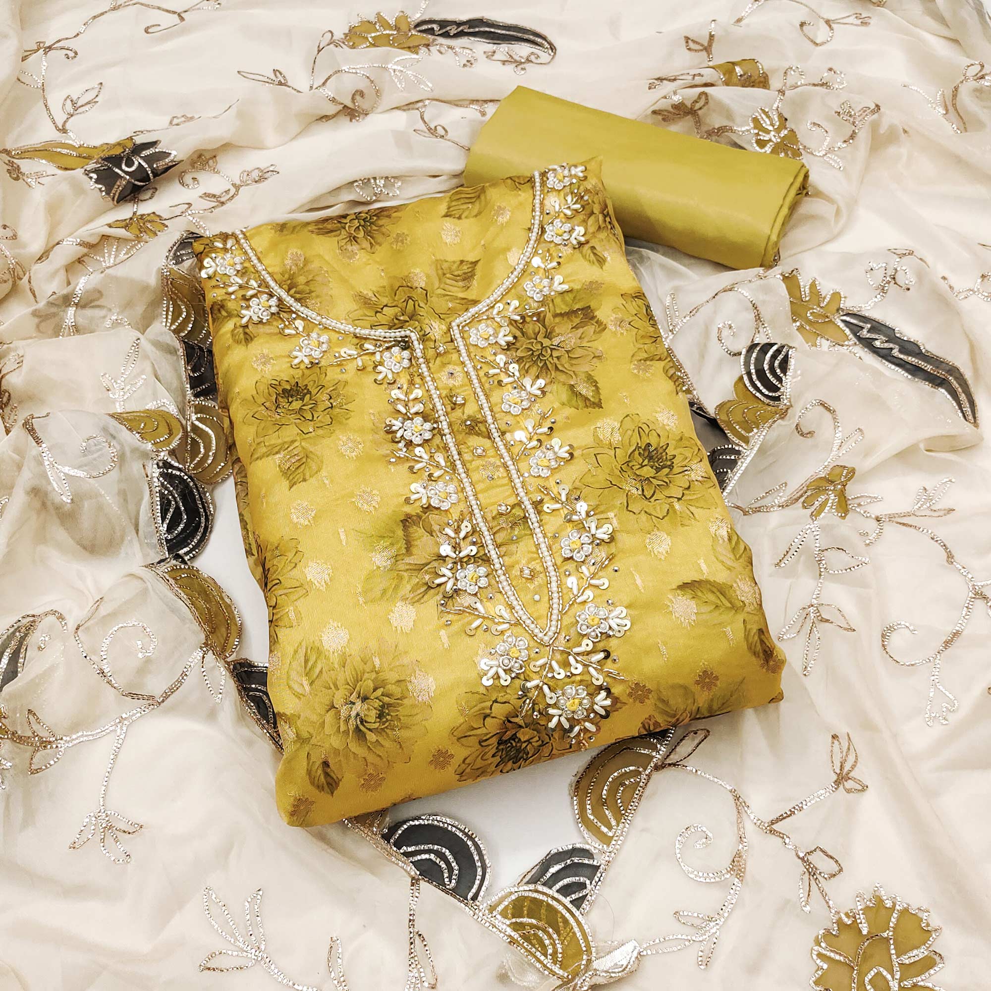 Mustard Floral Printed With Handwork Viscose Banarasi Dress Material
