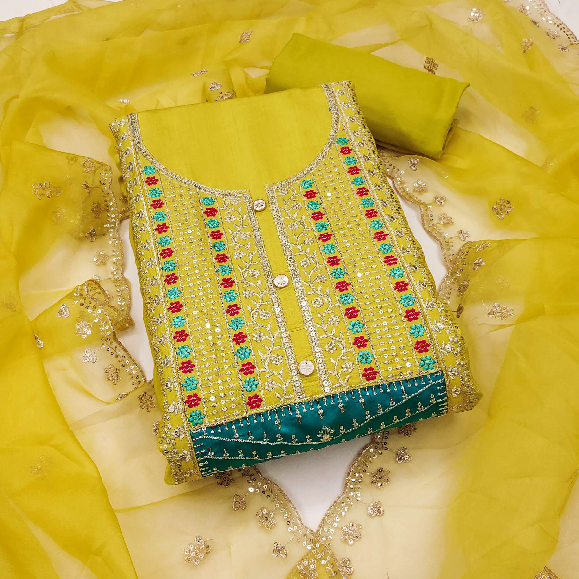 Green Floral Sequins Embroidered Roman Cotton Silk Dress Material